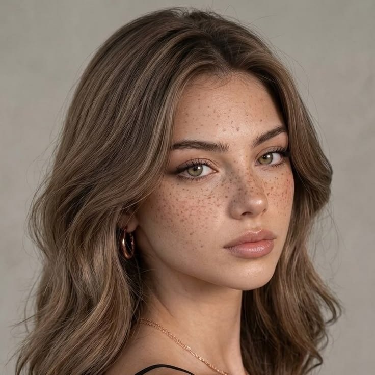 Portrait of a woman with long brown hair and freckles in a black top